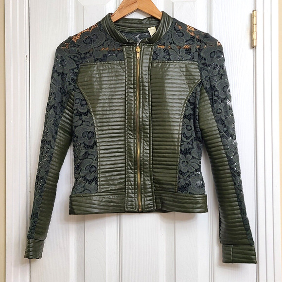 Ozel Green Lace Floral Moto Jacket Faux Leather Moto Jacket Fairy Coquette XS - Picture 2 of 10